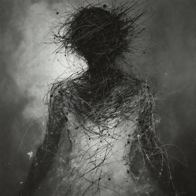 The primary subject of the image is a person, possibly a woman, with a dark and mysterious appearance. The person is surrounded by a cloudy, dark background, which adds to the overall mood of the image. The visual style of the image is a combination of digital art and illustration, creating a unique and intriguing scene. The colors in the image are predominantly dark, with some hints of light, such as the cloudy background, adding to the overall atmosphere of the image.